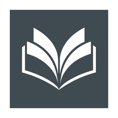 Open book icon with white pages on dark grey background Keywords: book, open, pages, reading, education, learning, knowledge, information, study