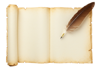 Old parchment scroll with quill pen isolated, antique paper texture for writing and calligraphy on transparent background