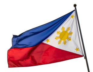 A close up of a flag, blue upper half, white triangle with sun and stars