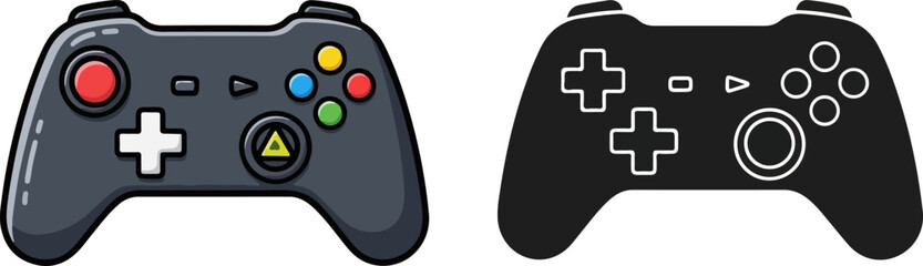 Two game controllers, one in color and one in black and white, representing gaming and entertainment on a clean white surface, creating a playful mood.