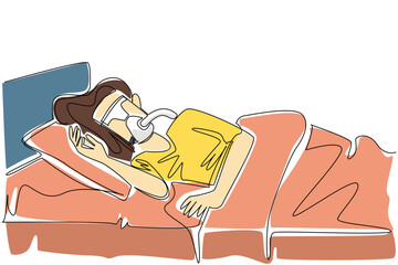 Single continuous line drawing woman sleeping on bed using a blanket while wearing CPAP mask. Avoiding breathing disorders during sleep. Sleep Apnea Awareness Day. One line design vector illustration