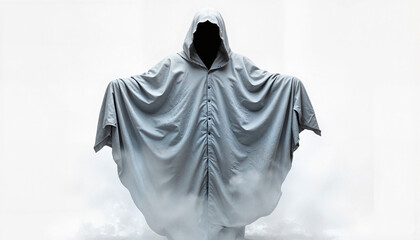 Mysterious hooded figure in a gray cloak with floating fabric and smoke on a white background