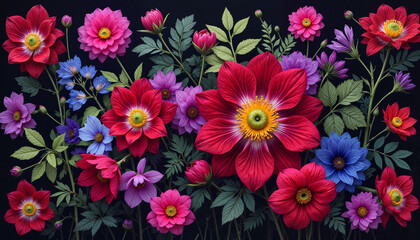 Vibrant floral arrangement with colorful blossoms and lush green leaves on a dark background