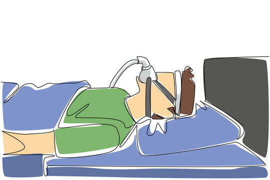 Single one line drawing a man sleeping on a bed using a blanket while wearing a CPAP mask. Helps keep breathing. Healthcare. Sleep Apnea Awareness Day. Continuous line design graphic illustration
