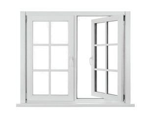 Fototapeta premium A white, double-pane window with one panel open, showing darkness behind
