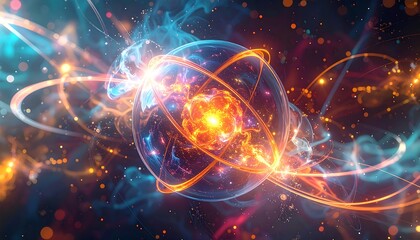 Abstract depiction of energy, science, and a glowing, vibrant atomic structure
