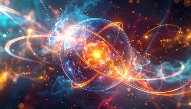 Abstract depiction of energy, science, and a glowing, vibrant atomic structure