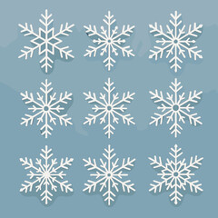 Snowflake collection illustration in minimalist style on blue background with copy space