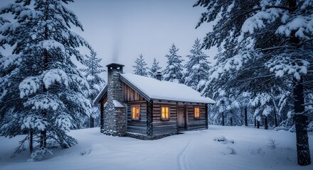 Cozy Log Cabin in Snow-Covered Forest at Dusk with Warm Light from Windows
