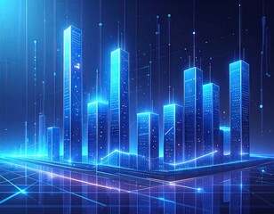 Abstract Cityscape with Luminous Blue Buildings and Data Flow in Digital Style