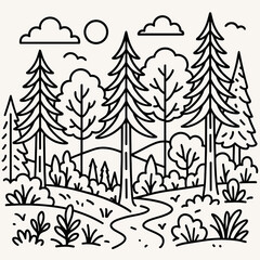 Nature landscape coloring page illustration in black and white style with copy space