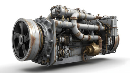Large Worn Industrial Engine Block Assembly with Fan and Piping