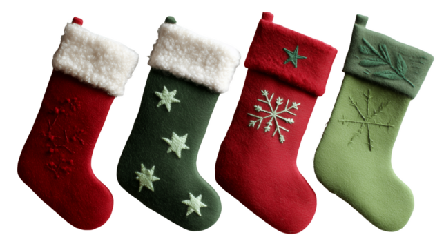 Close-up of four colorful Christmas stockings with different embroidery designs against a white and transparent background, concept for festive decorations, holiday promotions and seasonal greetings