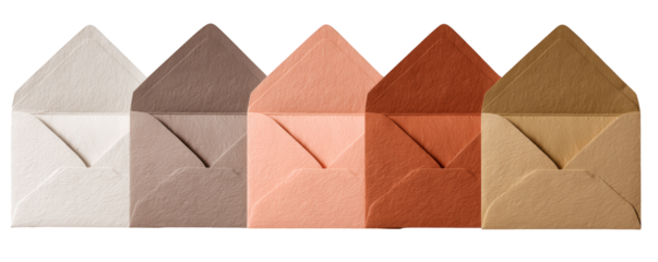Five open envelopes in a gradient of neutral tones, presented against a stark white and transparent background, concept for invitations, personalized stationery and small business correspondence