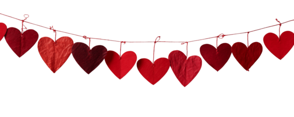 Festive red paper hearts hanging on a string against a white and transparent background, concept for Valentine's Day decoration, romantic greeting and heart health awareness