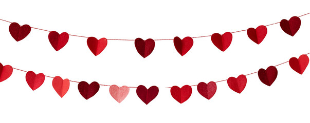 Festive red paper hearts garland strung on twine against white and transparent background, perfect for adding love. Concept for Valentine's Day decor, romantic event design and festive backgrounds