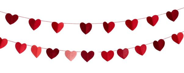 Festive red paper hearts garland strung on twine against white and transparent background, perfect for adding love. Concept for Valentine's Day decor, romantic event design and festive backgrounds