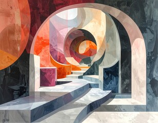 Abstract Archway Illustration with Watercolor Texture and Pixelated Effect Featuring Shades of Orange Gray and Blue with Geometric Shapes and Perspective Lines