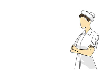 Single continuous line drawing female nurse with nurse cap crossing her arms in front of her stomach. Standby in the emergency unit. On duty. National Nurses Day. One line design vector illustration