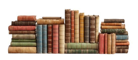 Pile of weathered antique books in various colors arranged on dark background, showcasing aged spines and textures; concept for historical research, literature study, and vintage collection display.