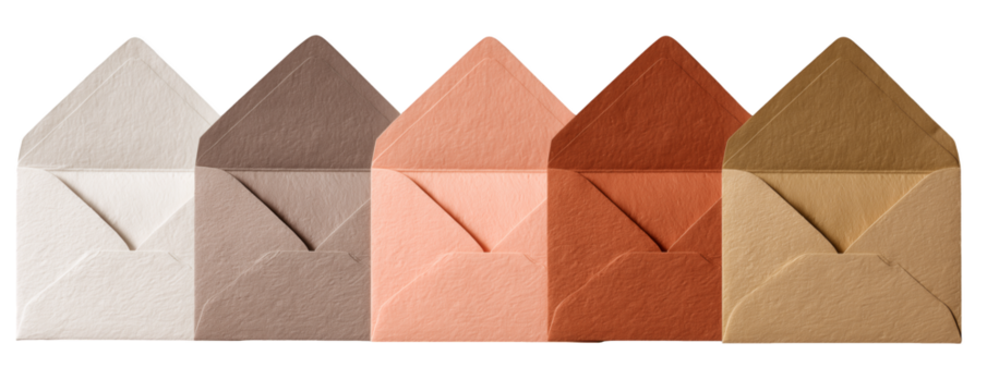 Five open envelopes in a gradient of neutral tones, presented against a stark white and transparent background, concept for invitations, personalized stationery and small business correspondence