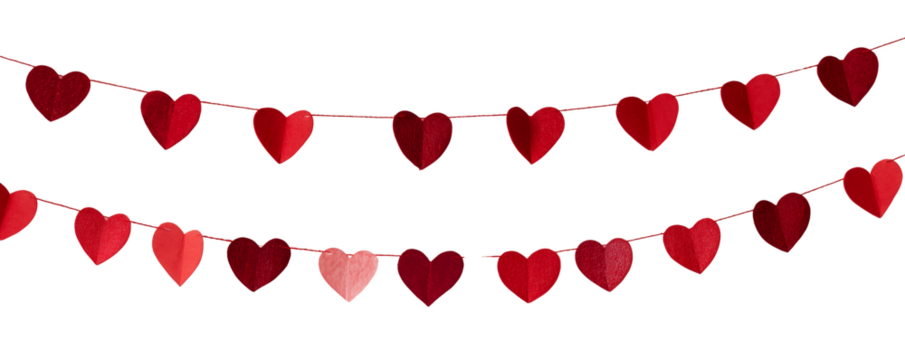 Festive red paper hearts garland strung on twine against white and transparent background, perfect for adding love. Concept for Valentine's Day decor, romantic event design and festive backgrounds