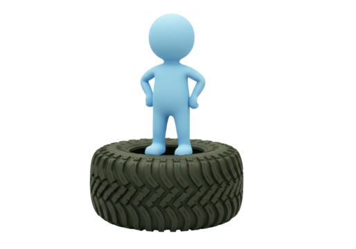 Blue stick figure standing on a tire isolated PNG, 3D rendering of a cartoon character on transparent background - Powered by Adobe