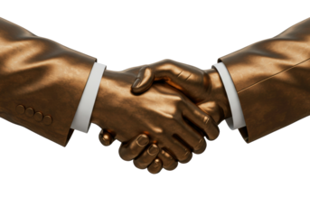 Bronze handshake isolated on transparent background, business deal agreement concept in PNG format, partnership and cooperation metaphor