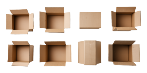Collection of various opened and closed cardboard boxes isolated on white and transparent background. concept for delivery packaging, storage solutions and e-commerce merchandise shipment