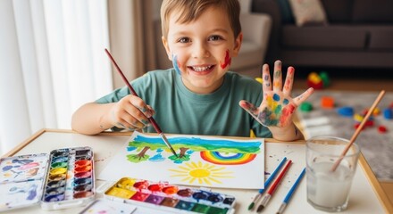 A young boy with paint on his hands and face, sitting at a table with a painting of a rainbow and a sun.