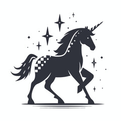 Silhouette Unicorn with Mane,Stars, Stripes on White Background, Design