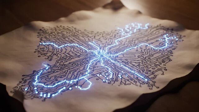 Blue energy pulses through hand-drawn circuit map on old paper