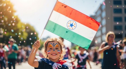 A young girl with face paint holding a Paraguayan flag at a parade.