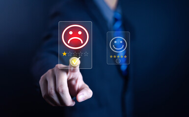 Businessman touching a virtual screen with sad face and one-star rating, symbolizing negative customer feedback, poor service experience, low satisfaction, or bad online review concept.