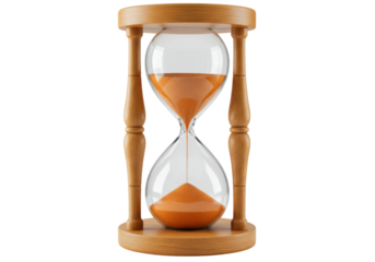 Wooden hourglass with orange sand isolated on transparent background, time management concept for deadlines and productivity