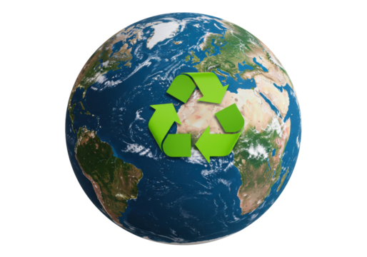 Earth with recycle symbol isolated on transparent background, global sustainability and environmental protection concept PNG