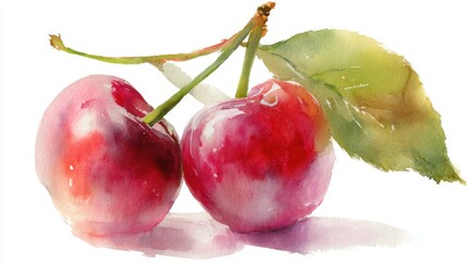 Two vibrant cherries with green leaves, depicted in a watercolor style, showcasing their natural beauty and freshness.