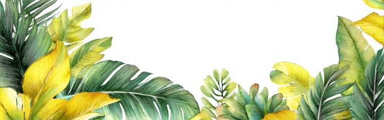 A vibrant watercolor illustration of tropical leaves in various shades of green and yellow, framing a blank white space.