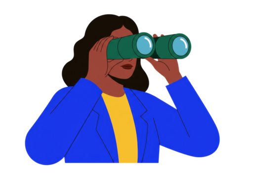 Woman with binoculars PNG isolated on transparent background, female looking for opportunities and future vision