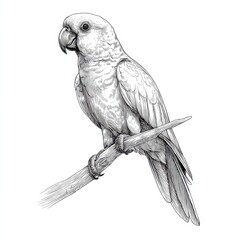A detailed illustration of a parrot perched on a branch, showcasing its feathers and characteristic features in a monochromatic style.