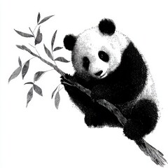 A black and white illustration of a panda bear clinging to a tree branch, surrounded by leaves, showcasing its playful demeanor.