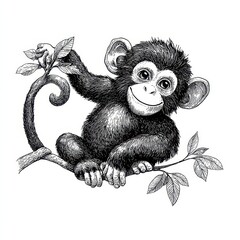A charming illustration of a playful monkey sitting on a branch, interacting with leaves, showcasing its adorable features and expressive face.