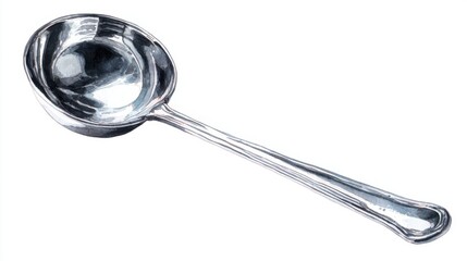 A polished metal ladle with a long handle, commonly used in kitchens for serving soups and stews.