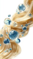 A flowing strand of hair intertwined with shimmering bubbles, creating a visually appealing blend of textures and reflections.