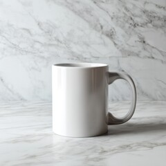 A simple white mug sits on a marble countertop, showcasing a clean and minimalistic design ideal for various beverages.