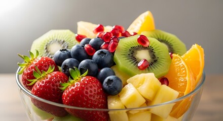 Fresh and Colorful Fruit Salad in a Glass Bowl with Strawberries, Kiwi, Blueberries, and Citrus