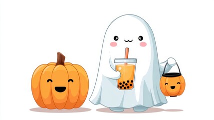A cute ghost holds a drink and a pumpkin bucket, embodying Halloween fun with cheerful expressions.