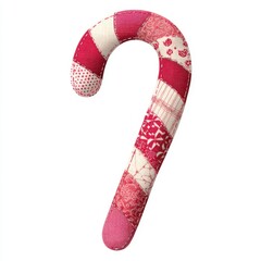 A colorful, patchwork candy cane decoration featuring red and white fabrics in various patterns, perfect for holiday festivities.
