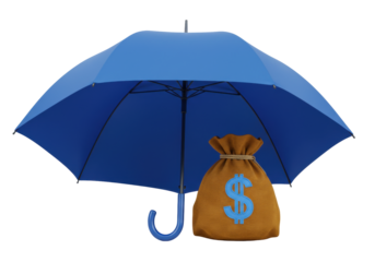 Isolated blue umbrella protecting a brown money bag with blue dollar sign symbol concept image