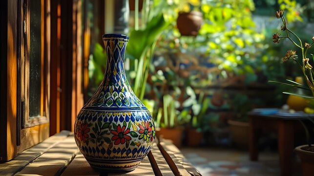 Artistic ceramic vase with floral design on wooden table near window and greenery